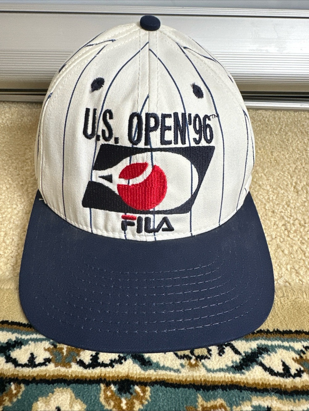 Vintage 1996 Fila Us Open Team Hat SnapBack White Pinstripe Made in USA